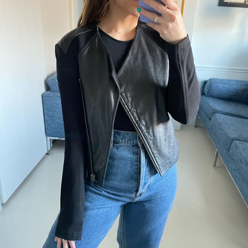 Helmut Lang Asymmetric Full Zip 100% Lamb Leather Cotton Moto Jacket Black P